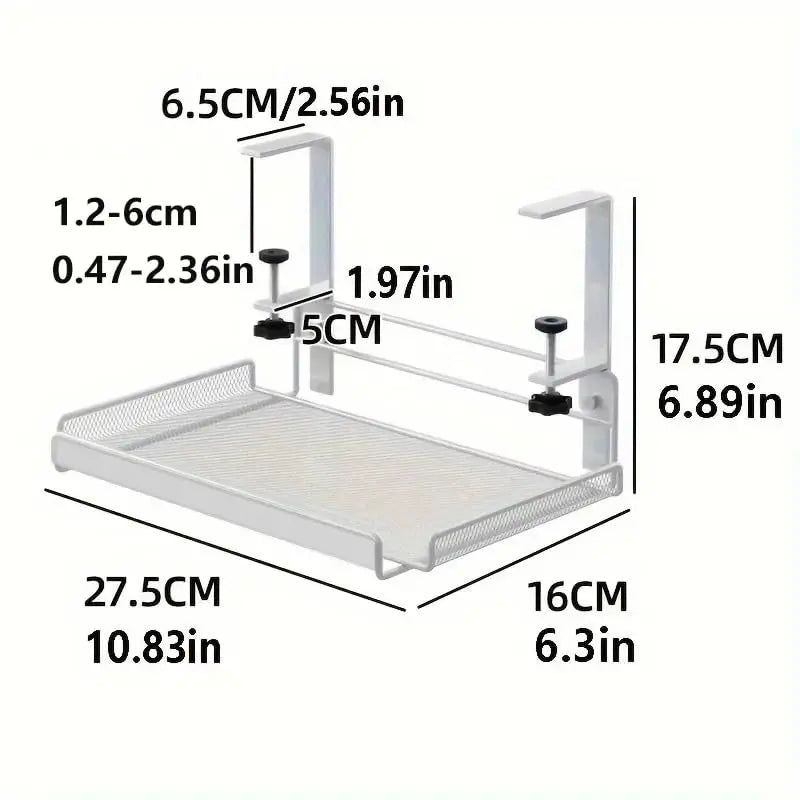 Measurement chart of a metal tray with dimensions labeled in centimeters and inches.
